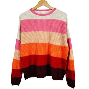 Silverflint Stripe Alpaca Wool Crewneck Sweater Casual Knit Long Sleeve Pink - M